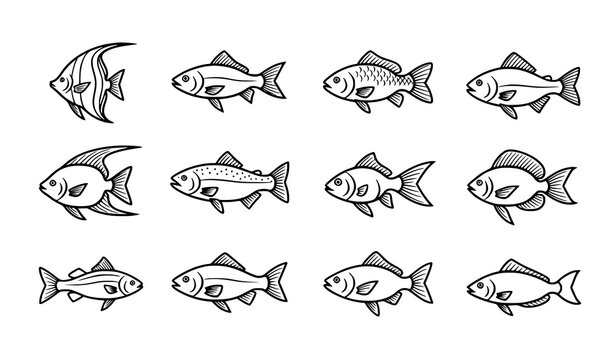 Black fish outline icon set with simple aquatic species illustrations minimal vector collection isolated on white