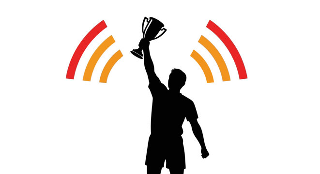 Silhouette of triumphant man holding trophy.