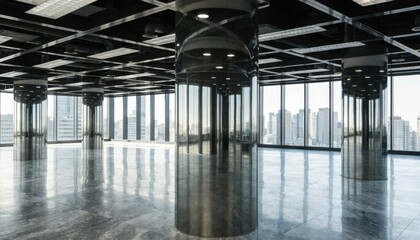 Naklejka premium Finished vacant office floor plate captured in medium shot focusing on sleek columns and clear ceiling grid with softened window lines creating a modern commercial vibe.