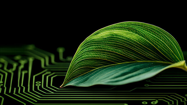 normalizing. Nature and technology concept with organic plant patterns merging with geometric green and silver shapes. product launch decks.