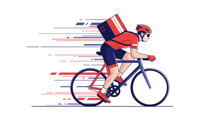 Fototapeta premium A fast-moving bicycle delivery person with a backpack, illustrating quick and efficient courier service.