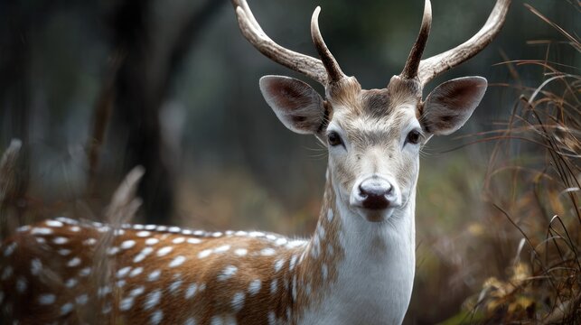 Graceful Axis Deer Portrait Amidst Rustic Autumnal Foliage Backdrop