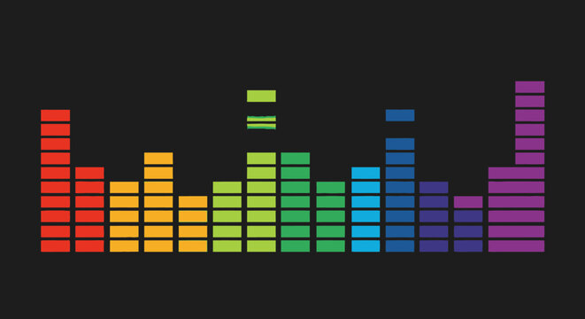 A colorful graphic equalizer display with bars showing sound levels in a rainbow spectrum on a black background.
