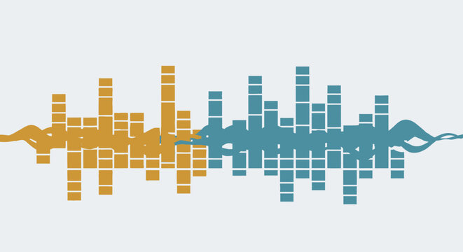 Abstract digital sound equalizer graphic with two distinct color sections representing audio waves or data visualization.