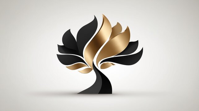 Premium abstract stylized tree shape, brushed metallic gold and matte black flowing flame leaf forms, luxurious minimal elegant nature motif for high end brand logo