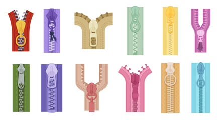 Fototapeta premium Zipper. Various fasteners for clothes exact vector specific tools for crafting jackets