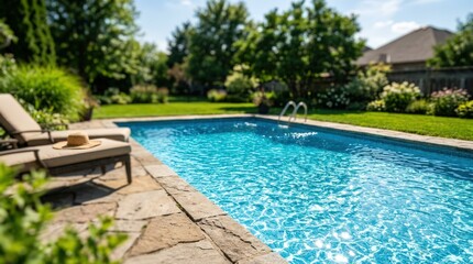 Fototapeta premium Medium shot capturing a backyard pool with the sparkling water in crisp detail flanked by a blurred lawn and patio to provide a tranquil summer vibe.
