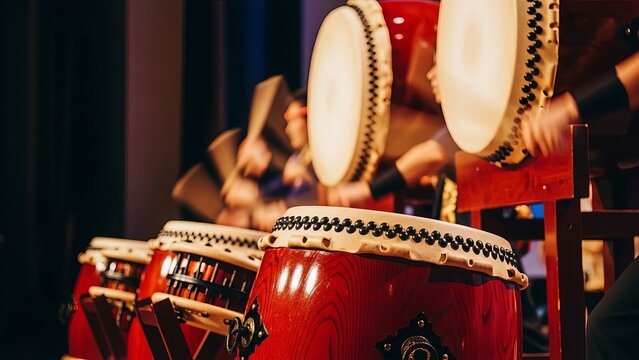 Asian performers in traditional clothing playing taiko drums on a stage