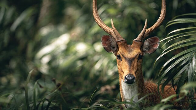Majestic barasingha deer amidst the lush green tropical forest foliage