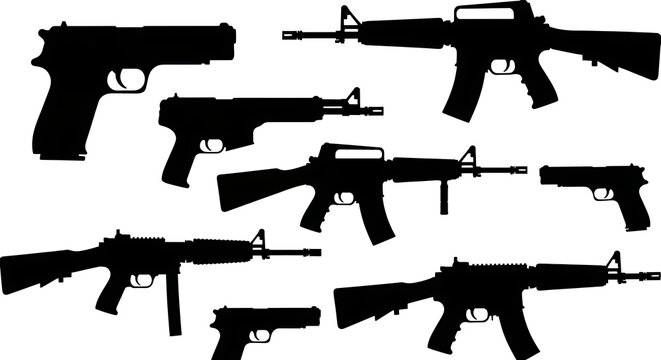 Silhouettes of Various Firearms - Guns and Weapons.
