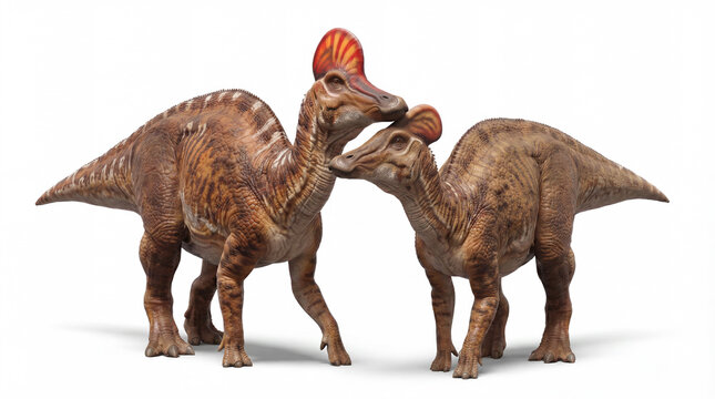 Corythosaurus casuarius pair isolated on white background, detailed prehistoric reconstruction showing two crested hadrosaurs in natural posture and interaction.
