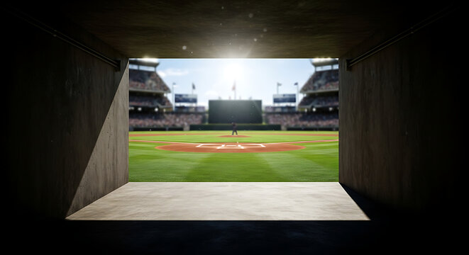 View from a dark tunnel leading out to a brightly lit baseball stadium with a green field and stands under a sunny sky.