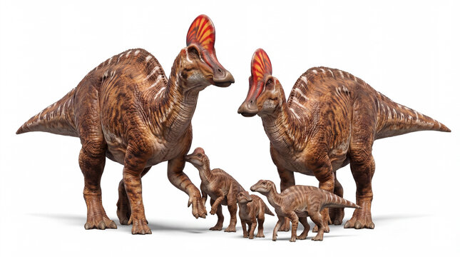 Corythosaurus casuarius family group isolated on white background, detailed prehistoric scene showing multiple individuals and social behavior of a crested hadrosaur.
