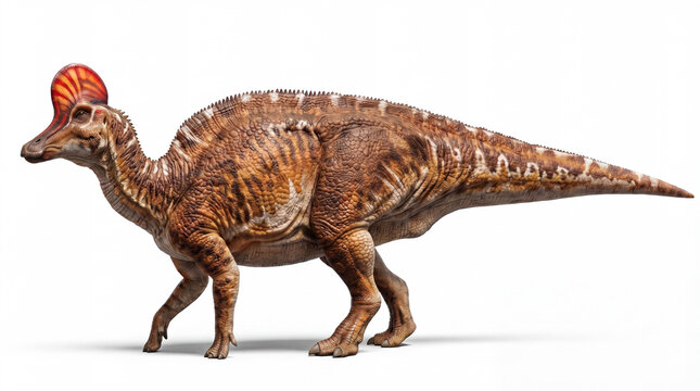 Corythosaurus casuarius in lateral view isolated on white background, detailed reconstruction showing full body profile and distinctive crested hadrosaur anatomy.
