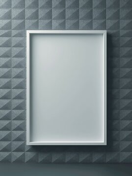 Minimalist white picture frame hanging on a dark grey architectural pyramid patterned wall.