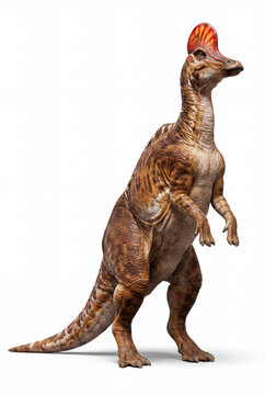 Corythosaurus casuarius standing on hind legs isolated on white background, detailed reconstruction showing upright posture and distinctive crested hadrosaur anatomy.
