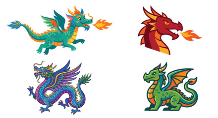 Obraz premium Four colorful cartoon dragons in various poses and designs are displayed