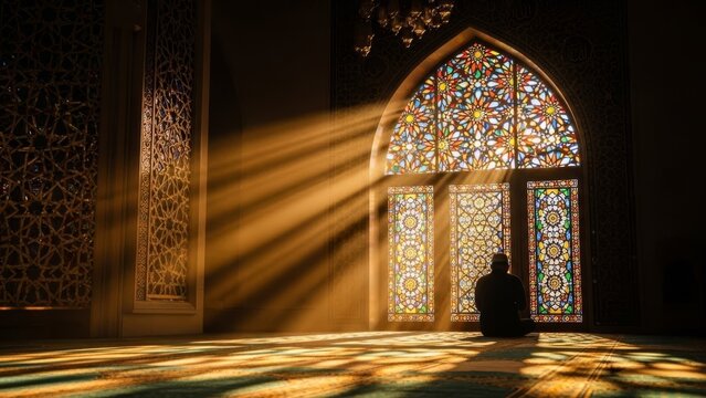 Man in white skullcap kneeling on carpeted floor in sunlit mosque with stained glass