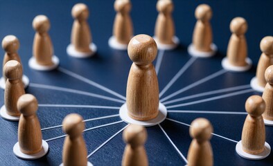 Obraz premium Wooden figures radiate from one center symbolizing leadership and