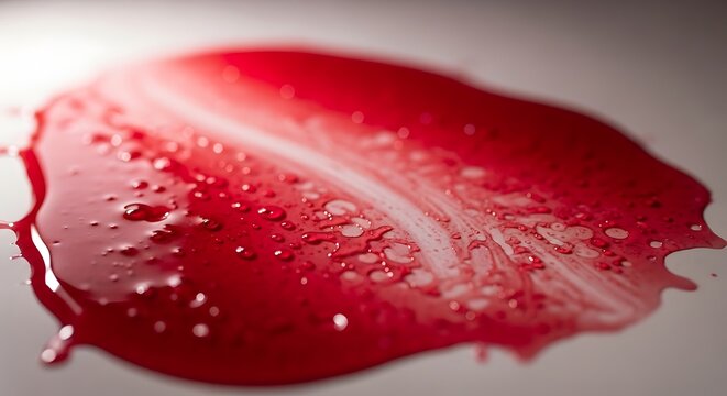 Macro Close-Up of Vibrant Red Liquid Spill and Droplets