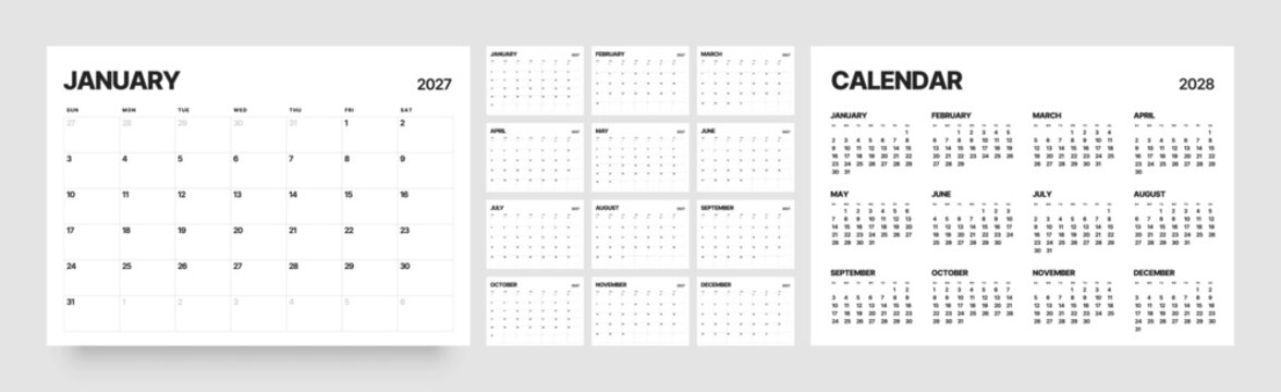 Monthly calendar layout for 2027 year. Diary planner for 2027 year. Week Starts on Sunday. 