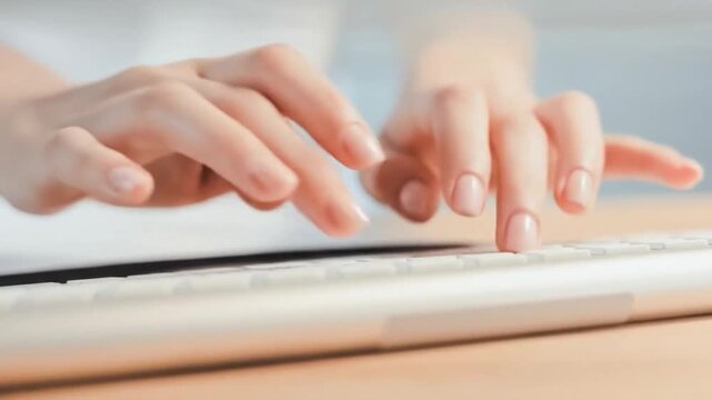 Close up hands typing on keyboard soft light workspace clean office typing fingers computer input productivity business technology.
