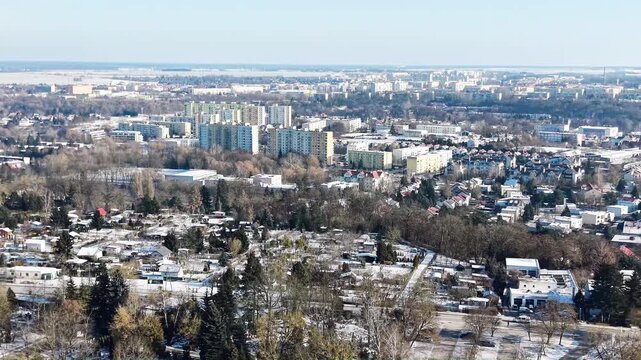 Aerial cityscape view of Piaski residential area and Manhatan residential area in the background at winter season in Gorz&oacute;w Wielkopolski. Poland