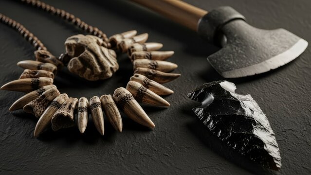 Ancient tribal necklace, axe, and obsidian arrowhead displayed on dark stone.  Primitive tools and adornment on ancient artifact surface.