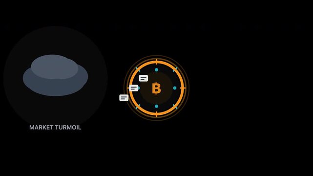 Market turmoil illustrated beside bitcoin symbol, perfect for finance blogs, investment articles, cryptocurrency news, and market analysis presentations.