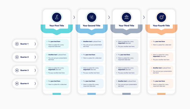 Infographic diagram for quarterly roadmap with four sections and a place for your text. Presentation template with icons for clear and effective data visualization.