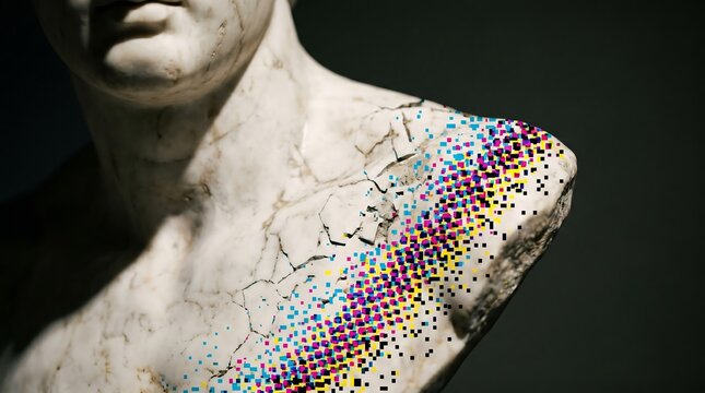 White marble bust shoulder dissolving into CMYK pixels, surreal concept for virtual ownership, digital preservation of art, and the transition from physical to digital assets.
