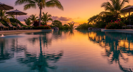 Obraz premium Tropical infinity pool reflecting a vibrant sunset with palm trees and lounge chairs.