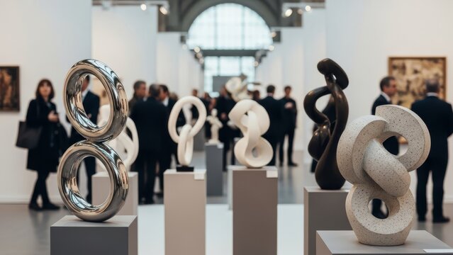 Modern abstract sculptures at gallery exhibit with visitors observing art.