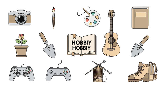 Collection of diverse hobbies and leisure activities depicted as illustrations.