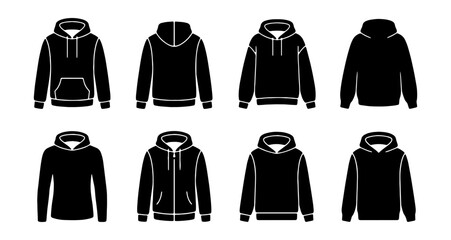 Black hoodie vector icons, 8 sweatshirt apparel mockups, hooded jacket clothing set © Lima