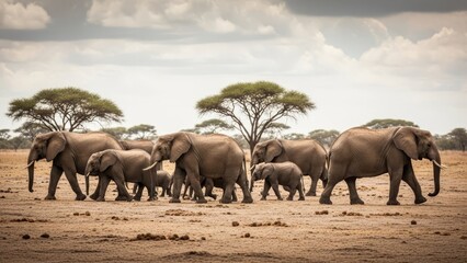 Fototapeta premium Herd of African elephants walking in savanna under cloudy sky, acacia trees in background.