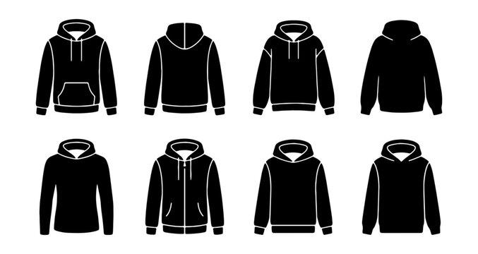 Black hoodie vector icons, 8 sweatshirt apparel mockups, hooded jacket clothing set