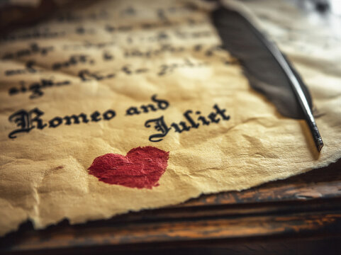 the words written in a quill Romeo and Juliet and a drawn red heart, a feather quill lays to the side. authentic scene