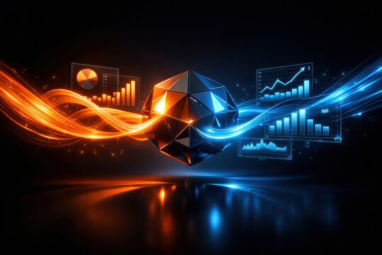 Abstract geometric core with flowing orange and blue data streams, charts, and graphs on black background