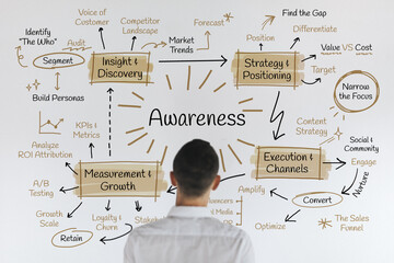Naklejka premium Man analyzing a flowchart with Awareness at the center, surrounded by strategies.