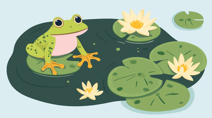 Obraz premium A cartoon illustration of a frog sitting on a lilypad surrounded by other lily pads and flowers