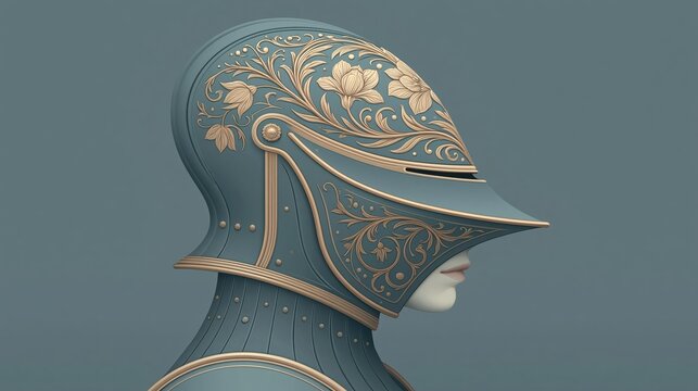 Profile of a Teal Medieval Knight Helmet with Intricate Gold Floral Filigree Patterns