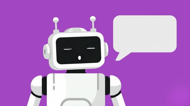 A white futuristic robot assistant speaks with a white speech bubble against a purple backdrop. This animation represents artificial intelligence, automated customer support, and high-tech chat bot se