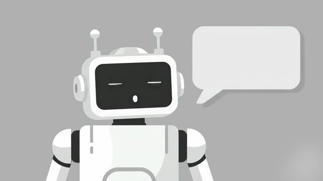 A 2D flat animation of a clean, white robotic character speaking against a neutral gray background, featuring an empty white speech bubble. Suitable for modern app interfaces, software tutorials, or s