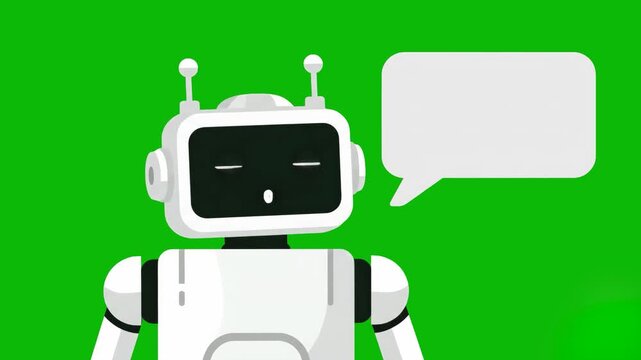 A white futuristic robot animated character speaking, with an integrated empty white speech bubble on a chroma key green background. This stock asset is designed for easy integration of custom text or