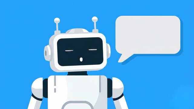 A 2D flat animation of a white AI chatbot robot speaking with an empty white speech bubble on a blue background. Perfect for displaying automated responses, customer support answers, or futuristic tec