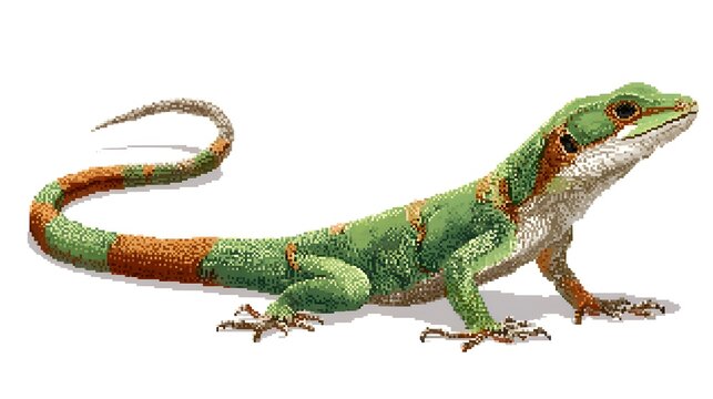 Green Lizard Reptile Pixel Art Illustration on White Background Isolated
