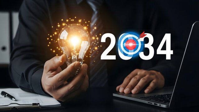 Businessman holds a glowing lightbulb representing a new idea, alongside "2034" and a target symbolizing future goals.