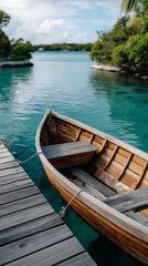 Fototapeta premium A small wooden boat tied to a dock on a calm turquoise lagoon, no people, wooden boat, tropical lagoon, calm water, scenic travel, getaway, vacation, lakeside, nature travel, tranquil, with copy