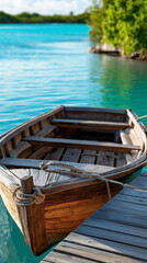 Fototapeta premium A small wooden boat tied to a dock on a calm turquoise lagoon, no people, wooden boat, tropical lagoon, calm water, scenic travel, getaway, vacation, lakeside, nature travel, tranquil, with copy